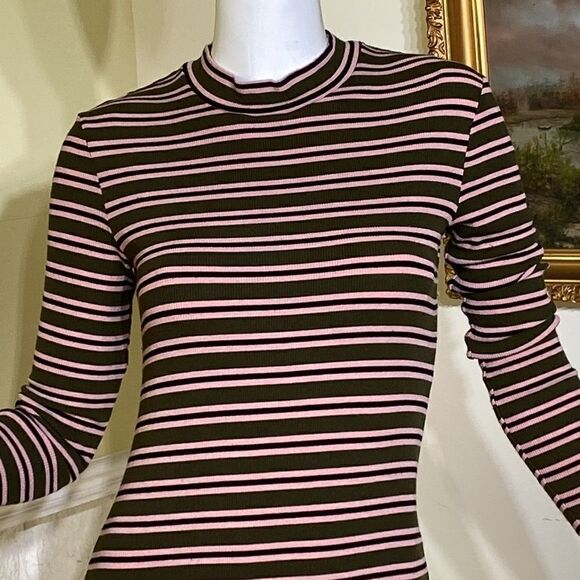 American Apparel Striped Ribbed Mock Turtleneck Long Sleeve Mini Dress - Picture 2 of 11